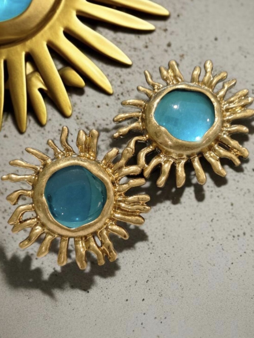 18k Matte Gold Plated Chunky Aqua Cabochon Stylized Sun Earrings
